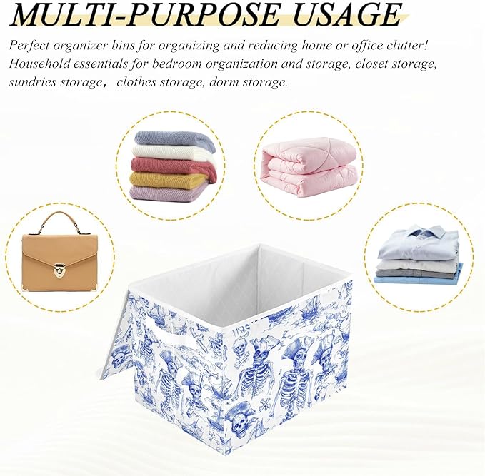 Collapsible Storage Bins with Lids Decorative Fabric Storage Cubes Closet Organizer and Storage Basket Boxes Containers for Clothes Box Chest Nursery Folding Rectangle Retro Blue Skull Pirate
