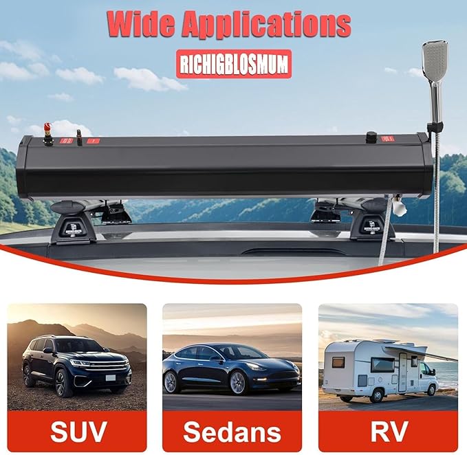 Pressurized Water Tank | Portable Camping Shower for SUVs Trucks &amp RVs Roof Rack | Sun-Heated &amp No Pump Needed | Includes 5.58ft Hose &amp Storage Bag