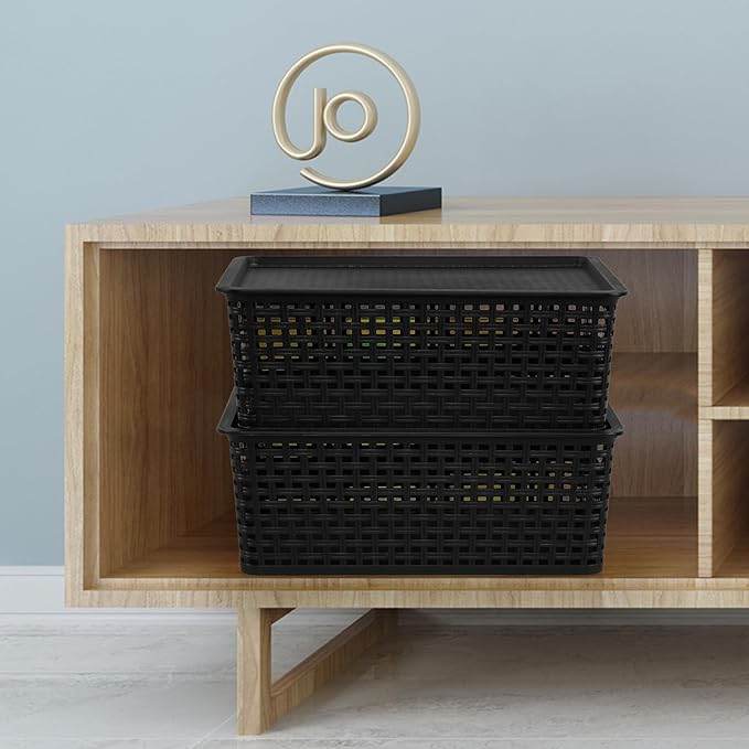 6 Pack Large Stackable Storage Baskets with Lids Plastic Lidded Storage Basket Bins for Shelves Closet Bathroom 13.86x 11.42x 5.24 Black