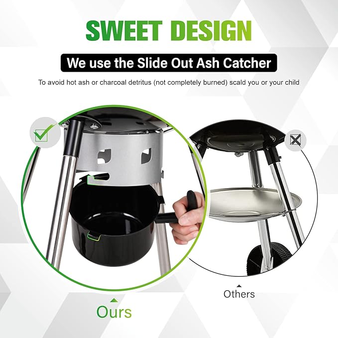 MFSTUDIO 18 Kettle Charcoal Grill Portable Porcelain-Enameled BBQ Grill with Slide Out Ash Catcher for Outdoor Barbecue Cooking Black