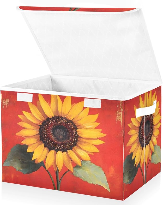 AIXIWAWA Lidded Storage Cube (Vintage Sunflower Red) Fabric Foldable Closet Bins with Flip Lid and Handles Organizer Basket Container 16.5 x 12.6 x 11.8 IN