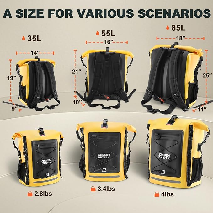 Waterproof Backpack Dry Bag 35L/55L/85L – Heavy Duty Roll-Top Hiking Backpack for Travel Kayaking Boating Camping Rafting and Fishing