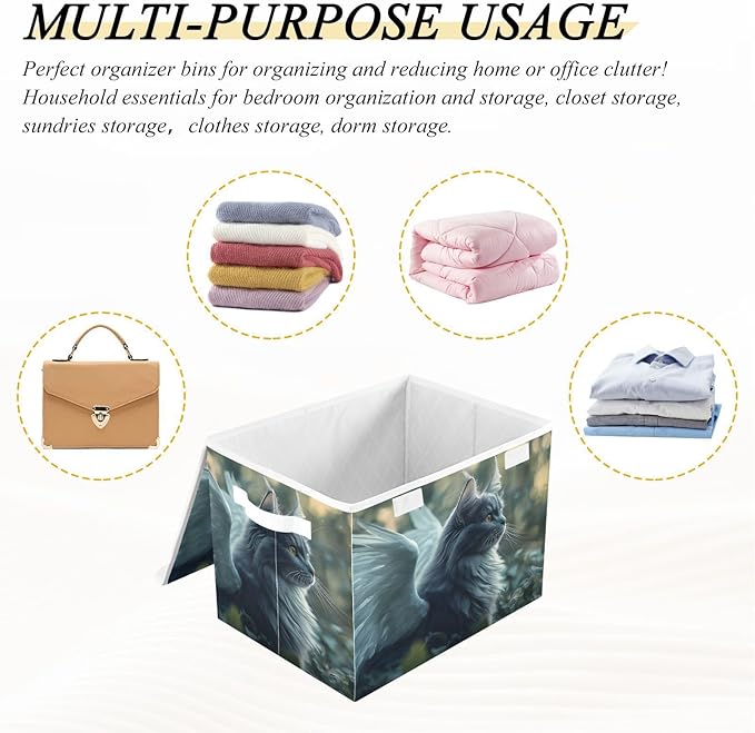 AIXIWAWA Lidded Storage Cube (Cat with Wing) Fabric Foldable Closet Bins with Flip Lid and Handles Organizer Basket Container 16.5 x 12.6 x 11.8 IN