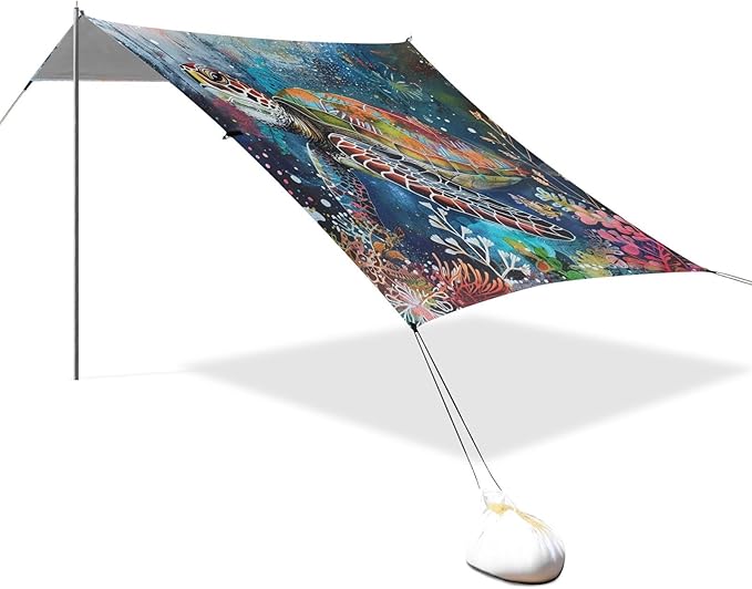 ALAZA Boho Style Sea Turtle Under Water Beach Tent Sun Shelter Portable Canopy Sunshade for Outdoor Camping Picnics Backyard Fun 10x9 ft