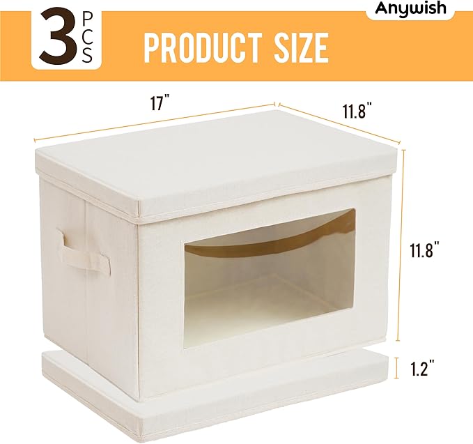 3-Pack Storage Bins with Lids Fabric Foldable Storage Bins with Soft Cord Handles Canvas Storage Bin with Lid for Organizing Clothes Blankets and Books Beige