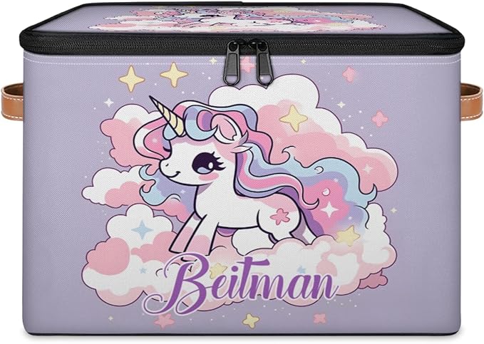 Storage-Bins with Lids Handle Customized Stackable-Storage-Bin for Kids-Boys-Girls-Toys Cube Collapsibl Basket Purple Unicorn