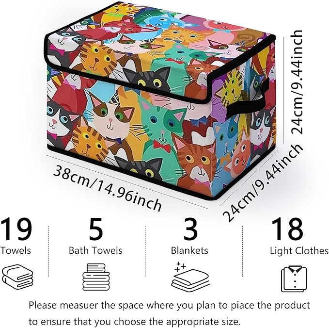 Stackable Clothes Storage Bins with LidsCloset Organizers Fabric Cat Printing Box for Home and OfficeBlanket Clothes OrganizersUnder Bed Storage Containers 3 Pack.