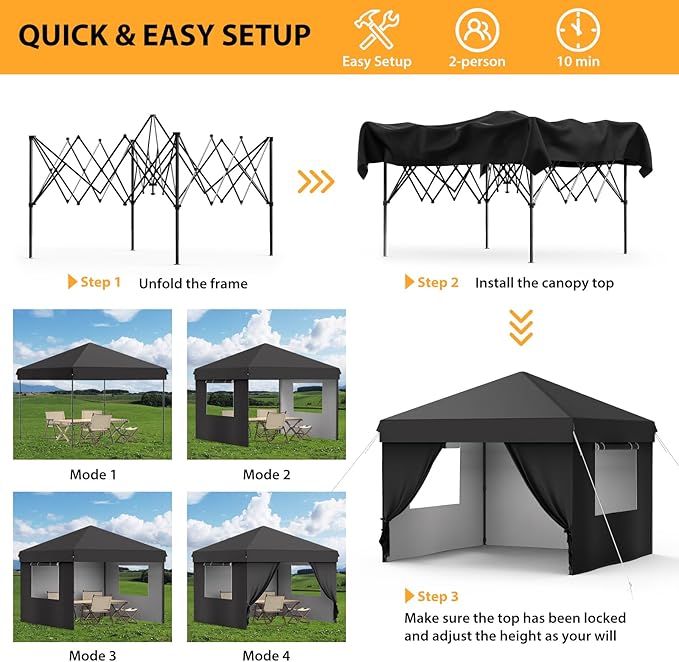 10X10 Pop Up Canopy Tent with 4 Sidewalls Heavy Duty Commercial Instant Shelter One-Person Quick Setup Outdoor Party Tent Water-Resistant &amp Portable for Outdoor Events Camping Black