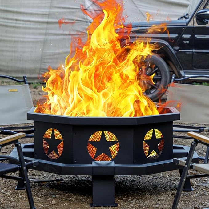 Panovue 42 inch Fire Pit for Outside Heavy Duty Wood Burning Fire Pits with Fire Poker Outdoor Octagonal Firepit for Camping Yard Patio