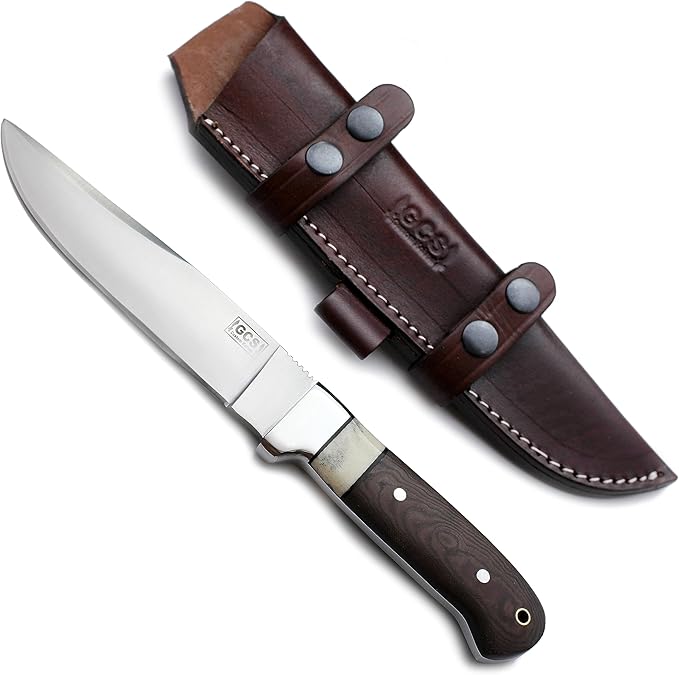 GCS Handmade D2 Steel Tactical Survival Hunting Camping Knife Brown Micarta Handle with Brown Leather Right or Left Hand Horizontal Fixed Blade Knife Sheath &amp Sharpening Stone GCS209