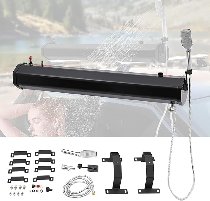 Roof Rack Mount Road Shower 18L/20L/30L Portable Camping Solar Shower Pressurized Water Tank w/Shower Head and 5.58ft Hose Outdoor Activities Water Supply for SUVs Sedans RVs Trucks(20L/5.28Gal)