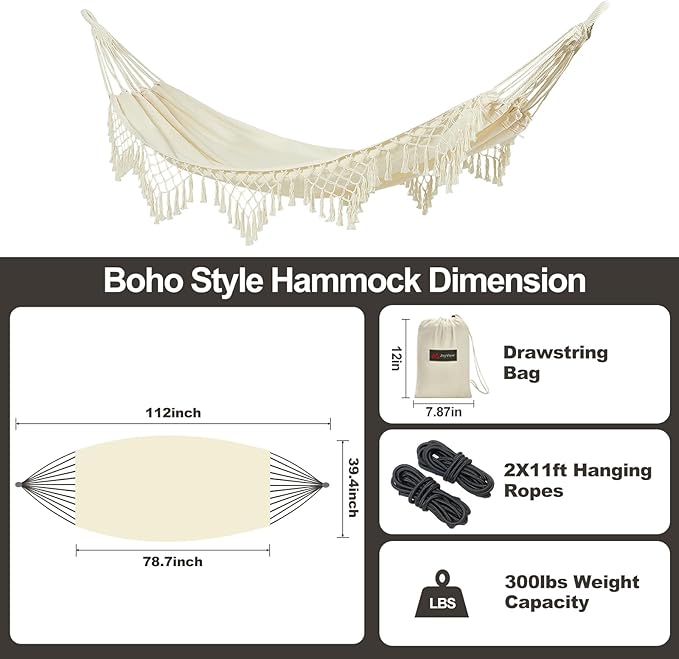 JoyView Boho Macrame Single Hammock with Hanging Ropes &amp Elegant Tassels 78.8x39.4 Portable Cotton Hammock for Patio Backyard Porch 300LBS Weight Capacity Perfect for Outdoor/Indoor - Beige Color