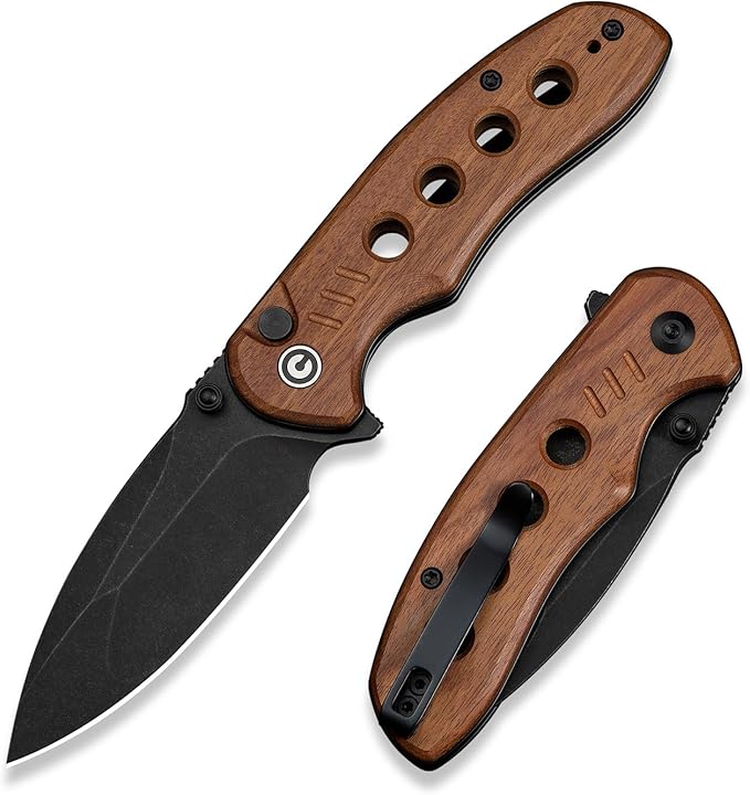 CIVIVI Triptych Folding Pocket Knife 2.97 14C28N Blade Wood Handle with Reversible Clip Button Lock Knife for EDC Camping Hiking C23085B-3