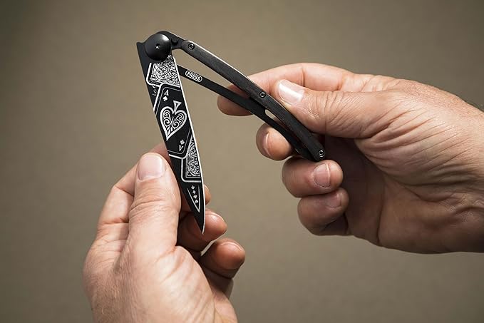 deejo - 37G Folding Pocket Knife with Belt Clip - Good Luck Design 3.7-Inch Stainless Steel Blade Black Titanium Finish Ebony Wood Handle - Lightweight EDC for Home Work and Outdoor Use