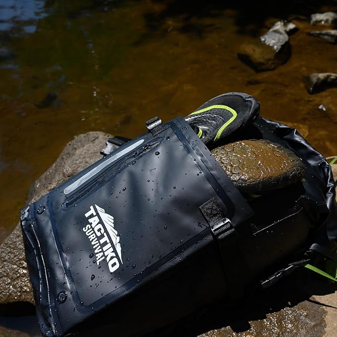 Tactiko Survival 30L Heavy-Duty 100% Waterproof Backpack - Equipment Pocket Carabiner - Roll Top Floating Dry Bags (Jet Black)