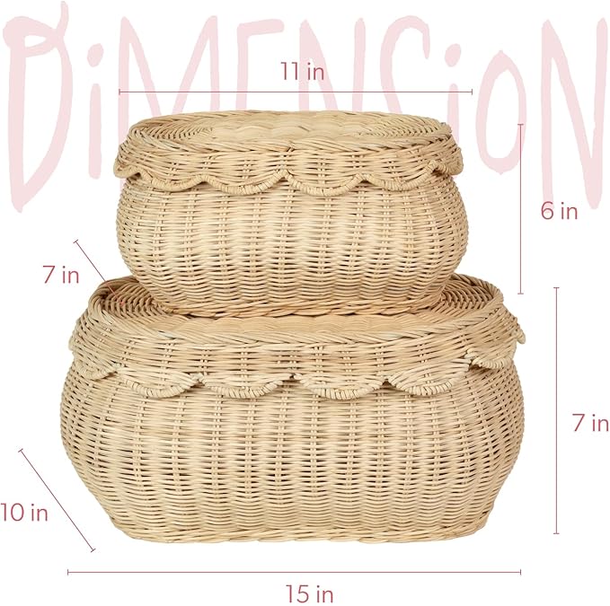 2pcs Hand Woven Rattan Scallopped Baskets with Lid Small Rattan Basket Decorative Wicker Storage Baskets Storage Basket for Living Room Bathroom Bedroom Food Bread Picnic