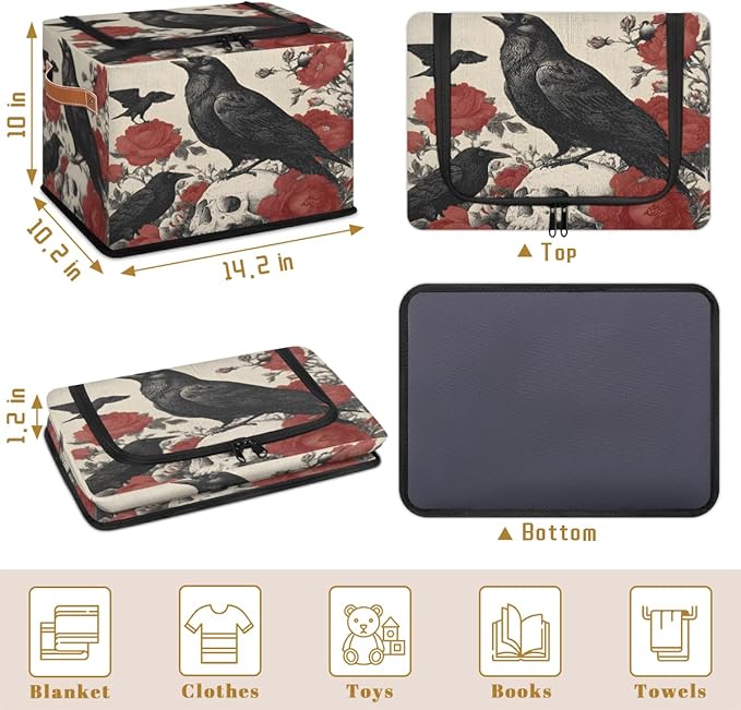 Halloween Crow Storage Bins with Lids Skull Floral Collapsible Cube Storage Basket with Leather Handle Foldable Storage Box with Lids for Organizing Home Closet