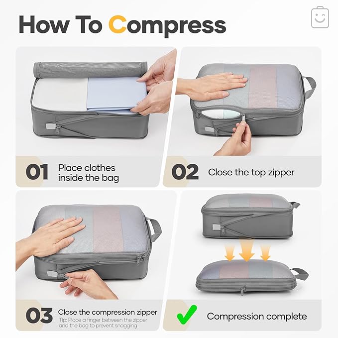 Veken 9/11 Set Compression Packing Cubes for Travel EssentialsCompressible Expandable Large Luggage Suitcase Organizer Bags for ClothingDurable Space Saver Storage Bags with Toiletry Bags(Gray)