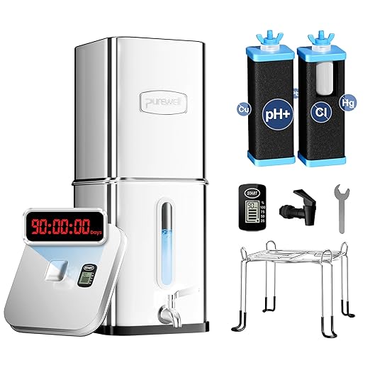 Purewell Square 2.25G Alkaline-Enhanced Gravity Water Filter System with Water Level Window &amp Smart Timer 4-Stage Filtration Certified to Reduce Lead Mercury and Chlorine Up to pH 9 SQH-2.25