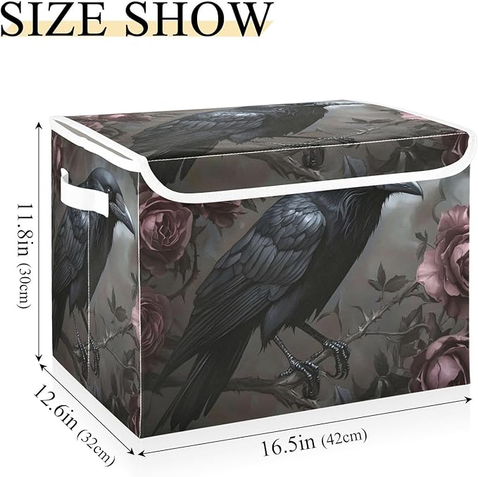 Raven Rose Gothic Red Collapsible Storage Bins with Lids &amp Handles Foldable Storage Boxes Basket with Flip-Top Lid for Home Office 16.5” x 12.6” x 11.8”