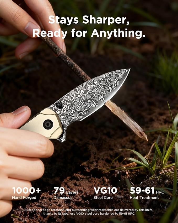 Folding Pocket Knife for EDC Small Pocket Knives for Men Women 2.99 Damascus Steel Blade Aluminum Handle with Clip for Camping Hiking Outdoor Survival Mini 3080AB (Beige)