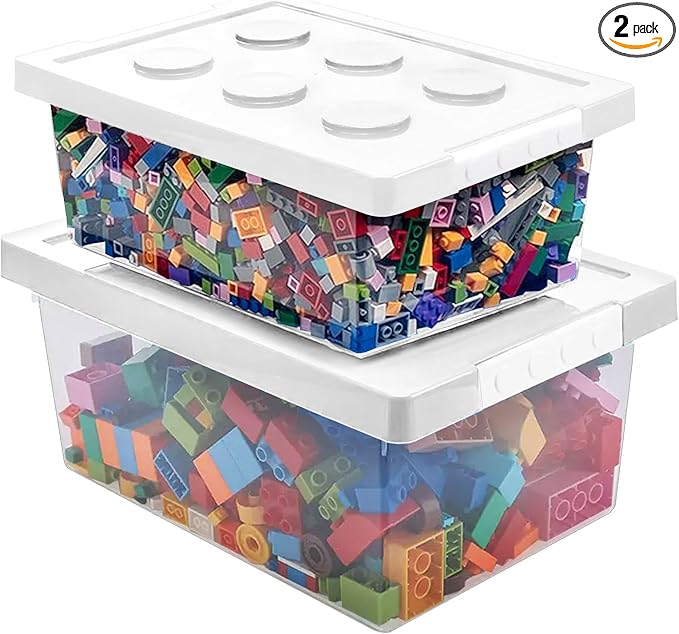 loobuu Plastic Storage Bins with Lids - Stackable Toy Storage Organizer Box Set of 2 Toy Chests with Compatible Building Baseplate and Lid Storage Container for Building Bricks &amp Toys- White