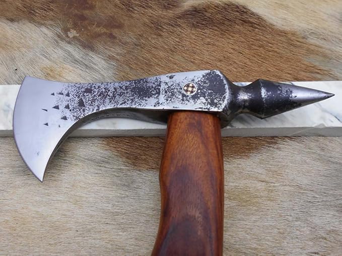 Damascus Depot Voyager Axe 15 Inches Long High Carbon Steel with Axe Head wit Walnut Wood Round Handle Bearded Hiking Battle Axe Thick Cow Hide Leather Sheath
