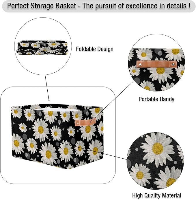 Pardick Daisy Storage Basket Bins Flower Floral Toys Books Clothes Canvas Storage Box Cubes Rectangular Collapsible with Handles for Bedroom Nursery Home Office Decor Organizer Basket