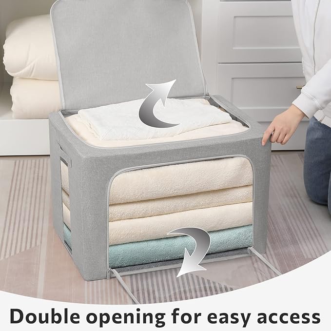 FHSQX 2 Pack Clothes Storage Bins Stackable Metal Frame Storage Box Large Capacity Foldable Linen Fabric Box Organizer with Carrying Handles and Clear Window (Light Gray 19.7x 15.7x 12.6 Inch)