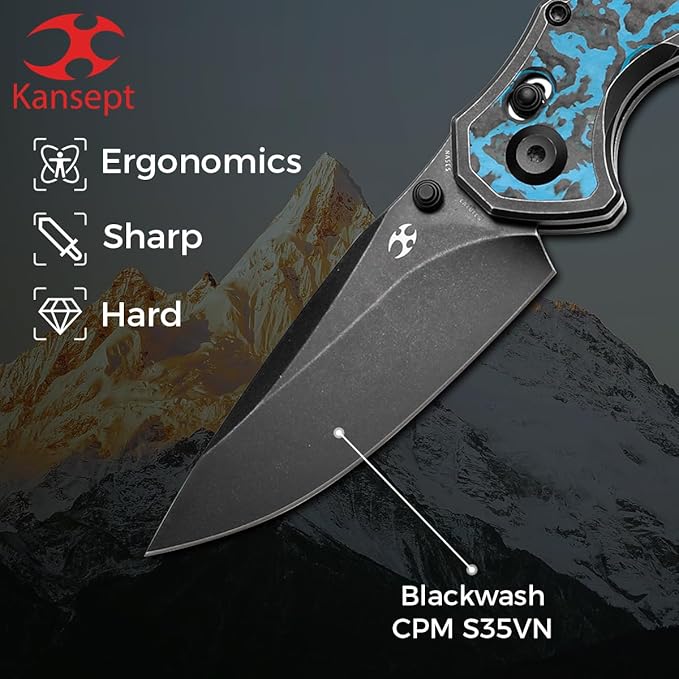 KANSEPT Apollo Pocket Knive 3.11Blackwash CPM S35VN Blade Black Titanium inlaid Arcticstorm Fatcarbon Handle with Thumb StudCross Bar Lock Folding for Men WomenSharp Camping Hiking Knives K2107V2