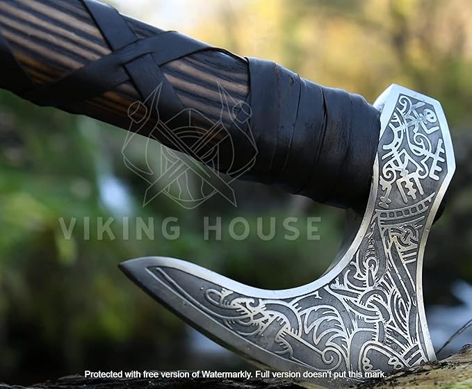 | Viking Axe | Wolf &amp Vegvisir Carbon Steel Axe Head | Wolf Camp Axe | Genuine Leather Sheath &amp Wrap | Bearded Axe | Ragnar Lothbrok Axe...