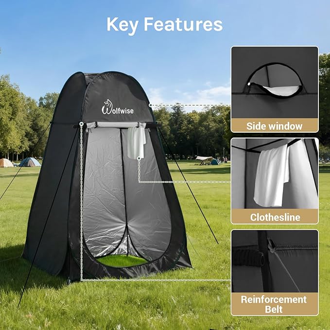 Wolfwise Pop Up Shower Tent for Camping Portable Instant Changing Tent with Ventilation Window &amp Carry Bag Privacy Bathroom Toilet for Beach &amp Outdoor Width 47  Height 75  Silver-Coated