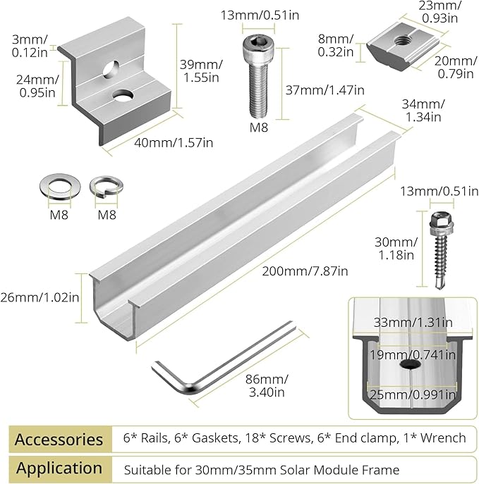 Anbte Solar Panel Bracket Kit 6 Pcs 7.87 in Aluminium Solar Panel Mounting Rail 30mm/35mm Solar Panel End Clamps Solar Panel Brackets for Metal Roof Tin Roof Flat Roof Sheet Roof RV Silver