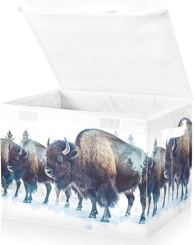 Storage Cube with Lid Winter Bisons Print 16.5×12.6×11.8 IN Collapsible Large Capacity Foldable Storage Basket Bin Organizer
