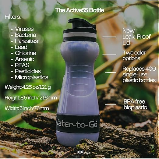 Small Filtered Water Bottle (18.5oz/55cl) Value Bundle with Three Filters Nanofiltration Water Bottle with Filter for Travel BPA-Free Bioplastic. Green
