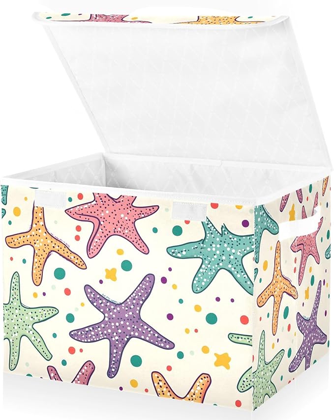 Star Fish Cartoon Storage Cube Bins Basket with Lid Collapsible Flip-top Fabric with Handle for Home Bedroom Closet Office 16.5×12.6×11.8 in