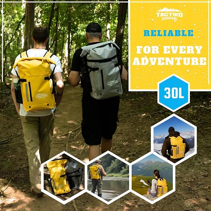 Tactiko 30L Heavy-Duty 100% Waterproof Backpack - Dry Roll-Top Floating Backpack - Rip-Stop Tarpaulin - Comfortable Padded Shoulders &amp Back - Waist Strap - Large Utility Pocket Carabiner (Yellow)