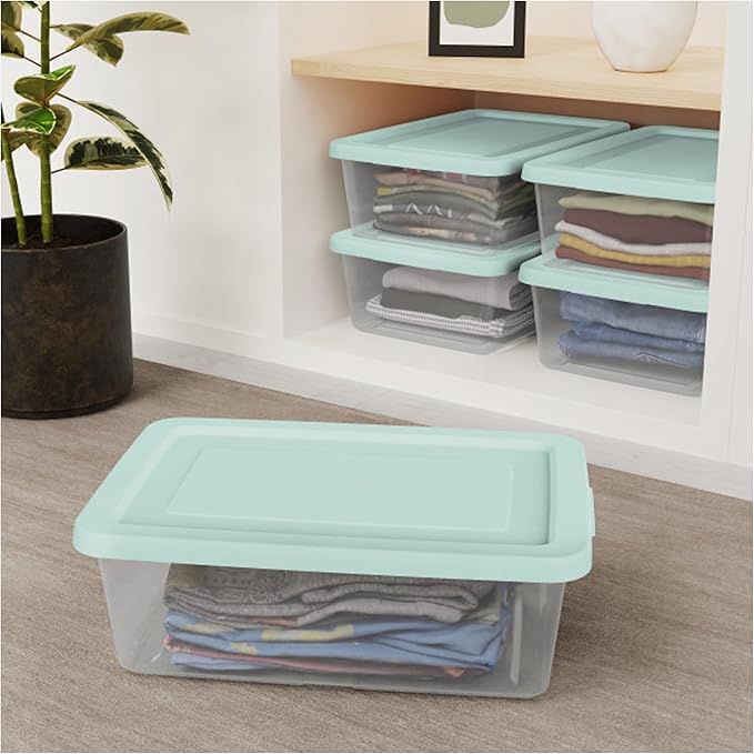 Sterilite 36 Pack Storage Boxes Clear Plastic Stackable Containers Lightweight Home Organizers with Snap Lids 12 Quart Mindful Mint