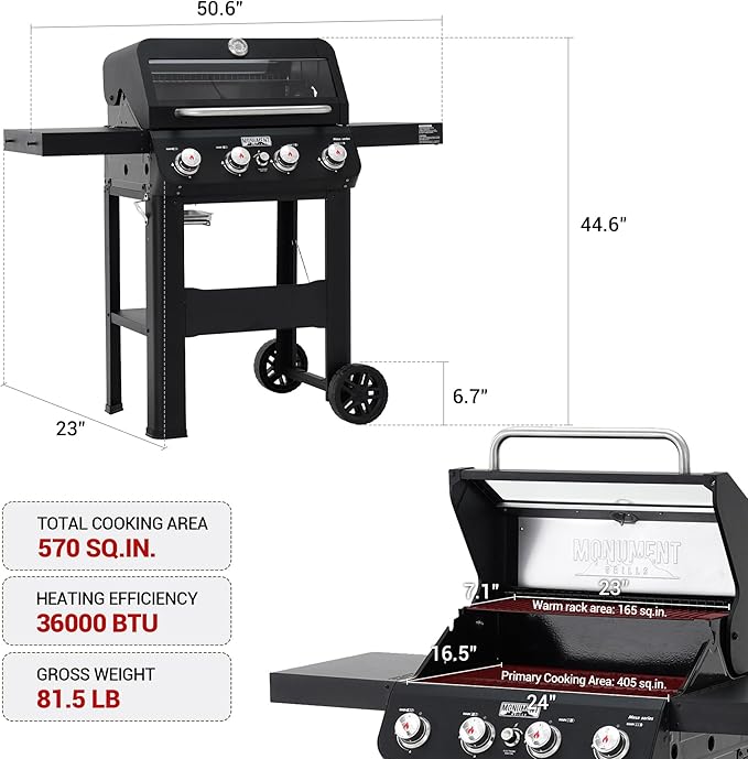 Monument Grills 4-Burner Liquid Propane Gas Grill Matte Black Stainless Steel Burner Grill with Clearview® Lid and One Foldable Shelf for Outdoor Cooking Kitchen Patio Backyard Barbecue Mesa420MF