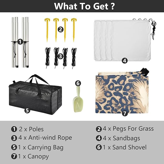 Leopard Skin Print Style Lightskyblue Beach Tent UPF50+ Protection Waterproof Large Portable Sun Shelter with Sand Shovel Sandbags for Camping Picnics Backyard &amp Fishing