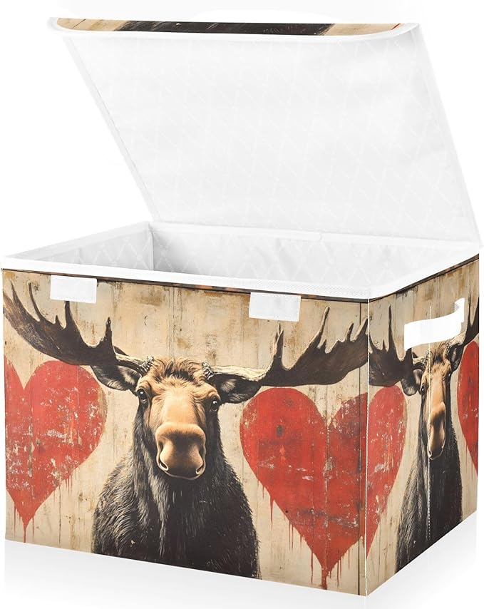 AIXIWAWA Lidded Storage Cube (Moose Valentine) Fabric Foldable Closet Bins with Flip Lid and Handles Organizer Basket Container 16.5 x 12.6 x 11.8 IN