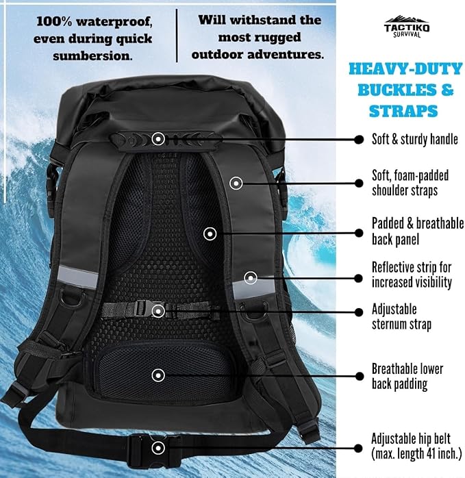 Tactiko Survival 30L Heavy-Duty 100% Waterproof Backpack - Equipment Pocket Carabiner - Roll Top Floating Dry Bags (Jet Black)