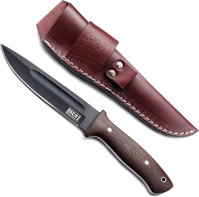 GCS Handmade Brown Micarta Handle D2 Tool Steel Tactical Hunting Knife with leather sheath Full tang blade designed for Hunting &amp EDC GCS 128