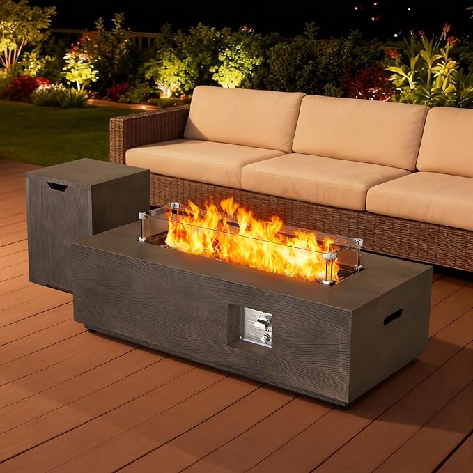 2-Piece 42 Rectangular Propane Fire Pit for Outside Patio with Hidden Tank Table 50000 BTU Fireplaces with Glass Wind Guard Lid Glass Rocks Cover(Walnut Wood Grain)