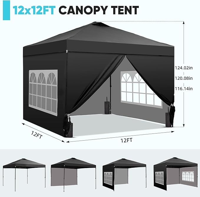 GDY 12x12 Pop Up Canopy Tent with 4 Sidewalls Easy Set up with One Push Lift Gazebo with Wheel Bag and4 SandbagsCarpas for Events PartiesCamping Black.