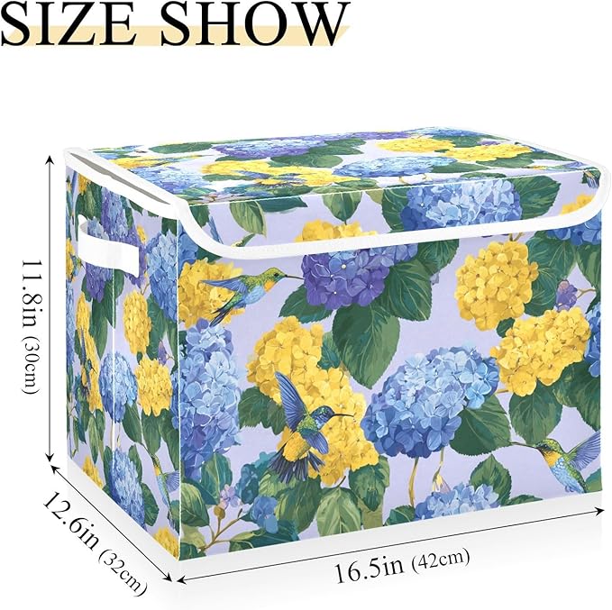 Storage Bins with Lids Storage Containers Box Organizer Bin Basket with Handles for Closet Shelves Clothes Stackable Foldable Decorative Blue Hydrangeas Hummingbirds