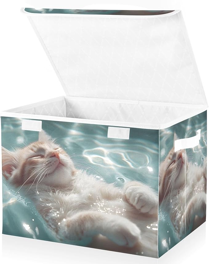 AIXIWAWA Lidded Storage Cube (Cat in Pool) Fabric Foldable Closet Bins with Flip Lid and Handles Organizer Basket Container 16.5 x 12.6 x 11.8 IN