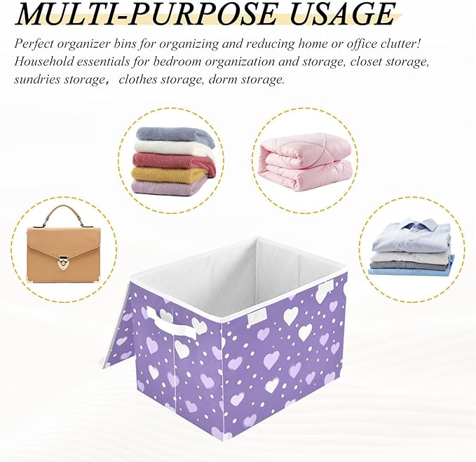 Purple Valentine Hearts Dots Storage Box with Lid 1 PC Foldable Storage Bin with Lids Stackable Storage Bins Cube Closet Organizer Basket with Flip-Top Lid &amp Handles for Shoes Books Towels