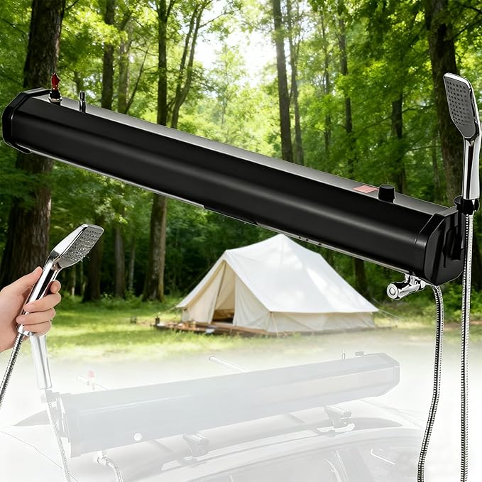 Portable Roof Rack Shower with Pressurized Water Tank Adjustable Shower Head and Hose for Off-Road Camping SUV Truck RV Overlanding and Outdoor Adventures 18L (4.8 gal)