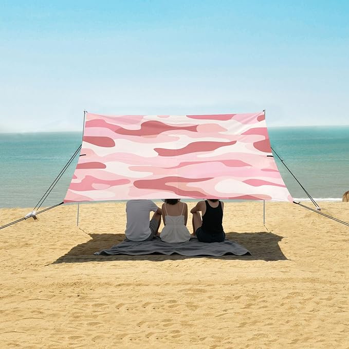 Rose Pink Stable Beach Tent UPF50+ Protection Water-Resistant Large Sun Shelter with Sand Shovel Sandbags for Backyard and Camping